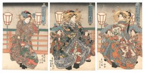 Kunisada I / Courtesans of the Sanomatsuya, in Edo-machi Nichome in the New Yoshiwara: Matsushima, Ume III and Kicho [新吉原江戸町二丁目 佐野松屋内　松島 三代目梅 喜蝶]