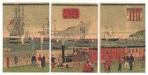 Hiroshige III / View of the Sea from the Steam Train in Motion at Yokohama [横浜往返鉄道蒸気車ヨリ海上之図]