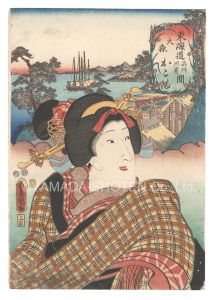 Toyokuni III / Actors for the Fifty-three Stations of the Tokaido Road / O'mori, between Shinagawa and Kawasaki: Okoma [役者見立東海道五十三駅　品川川崎間 大森 おこま]