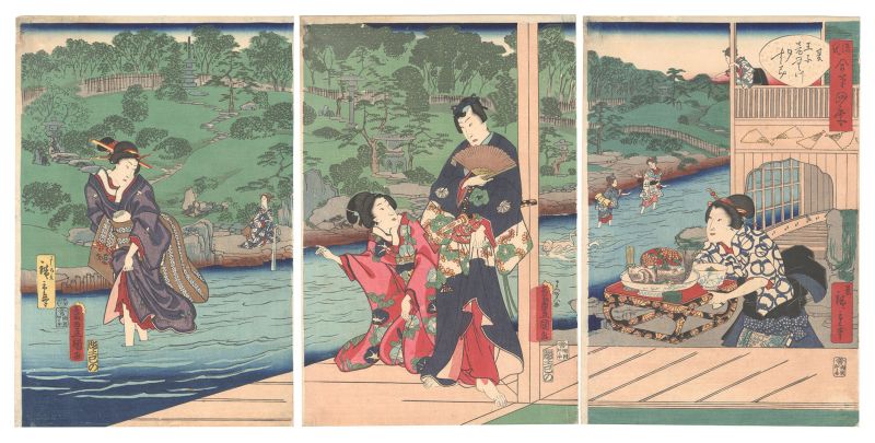 豊国三代 広重二代「源氏合筆四季　夏 王子音無川夕すゝみ」