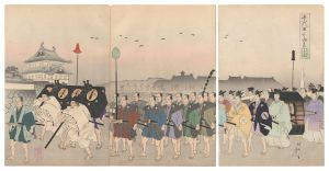 Chikanobu / Chiyoda Outer Palace / Daimyo Alighting at the Kikyo Gate to Visit the Castle on the First Day of the New Year [千代田之御表　正月元日諸侯登城桔梗下馬]