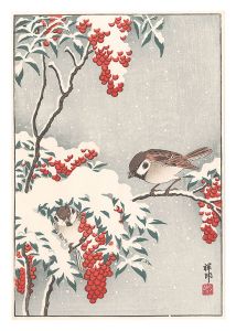 Ohara Koson(Shoson) / Nanten Bush and Sparrows in Snow (tentative title)