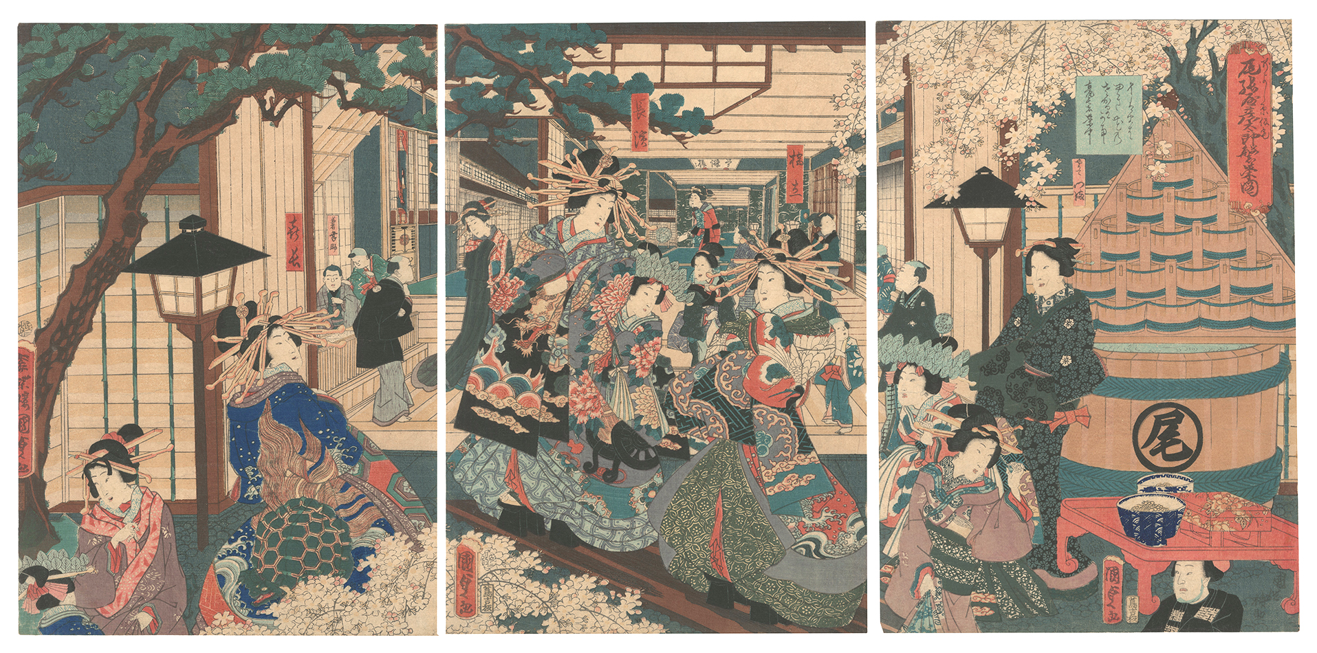 Kunisada II “The New Yoshiwara in Temporary Quarters: Illustration of the Prosperity of Owariya Hikotaro”