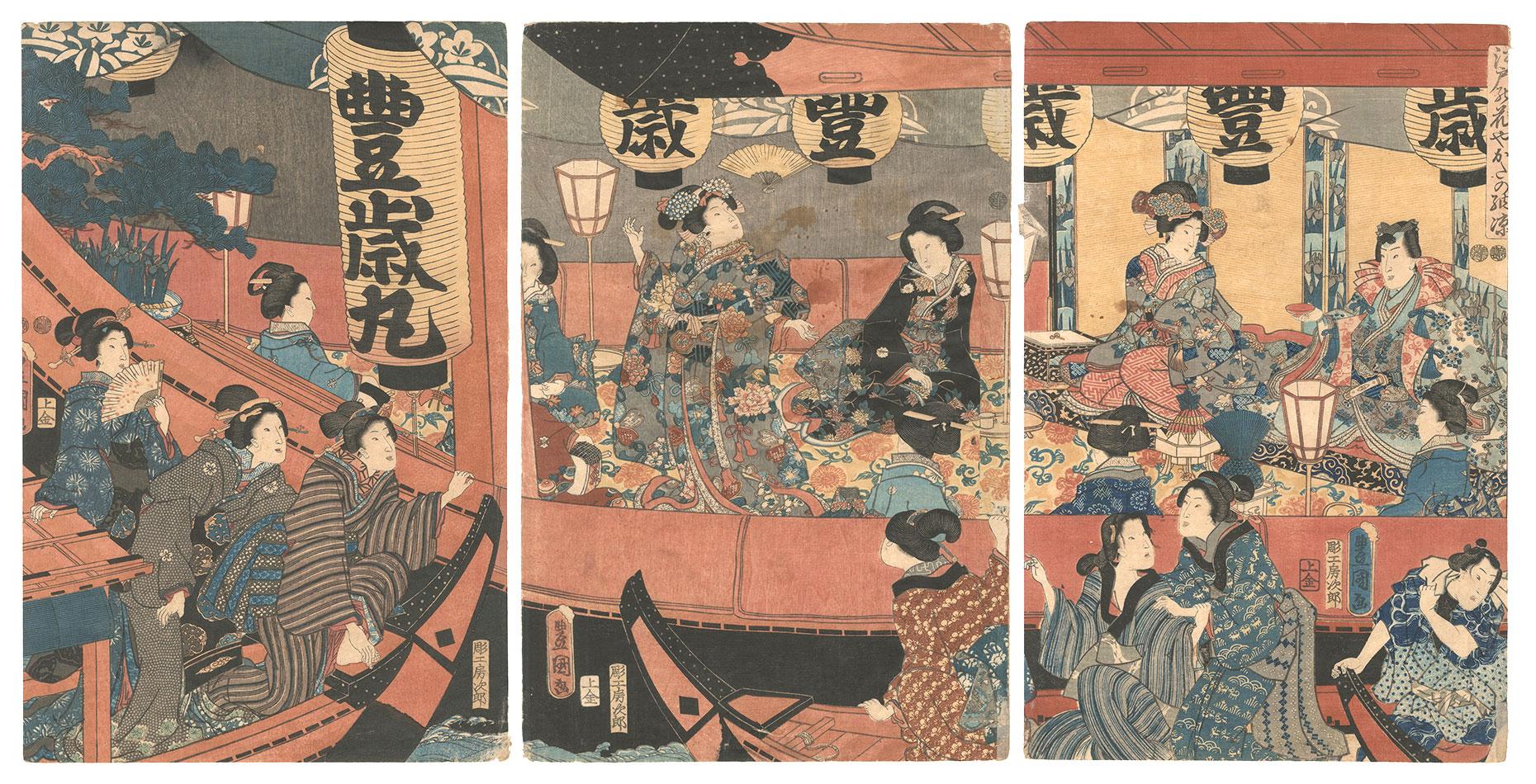 Toyokuni III “Flowers of Edo Enjoy the Evening Cool on Pleasure Boats”