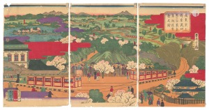 Shigekiyo / Steam Train in Motion between Ueno, Tokyo and Kumagaya, Musashi Province [従東京上野至武州熊ヶ谷蒸気車往復繁栄之図]