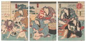 Kunisada I / Eight Views of Fund-raising Sumo Tournament / Amusements in the Rain [勧進大相撲八景　雨中戯ノ図]